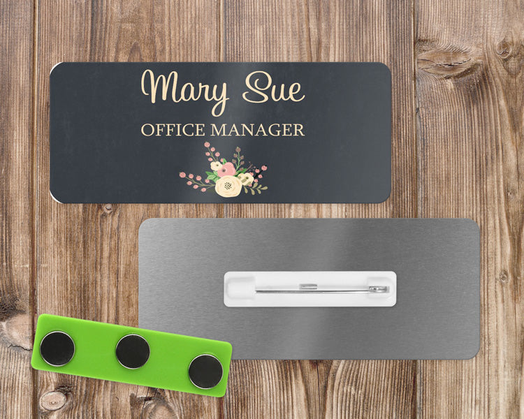 Cream Floral Rose with Charcoal Background Name Tag