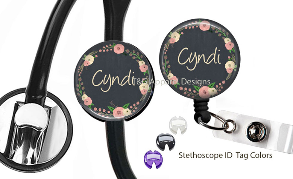 Pink Floral Stethoscope and Badge Reel Set