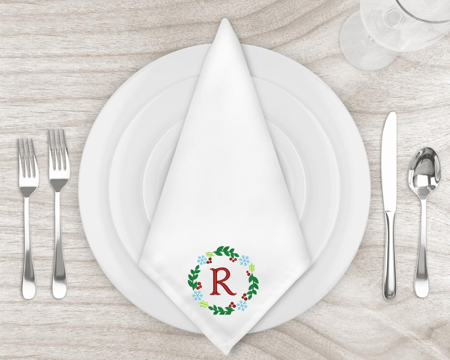 Holly Wreath Embroidered Dinner Napkins - Personalized Elegance for Every Meal