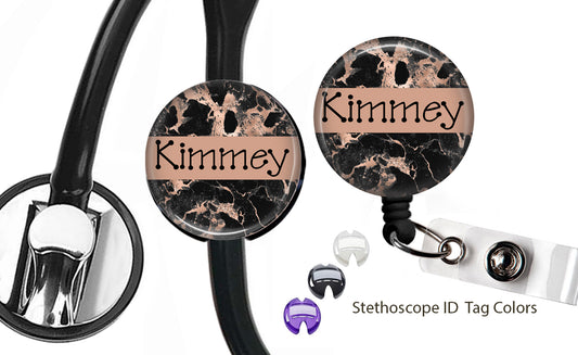 Black Rose Gold Marble Stethoscope and Badge Reel Set