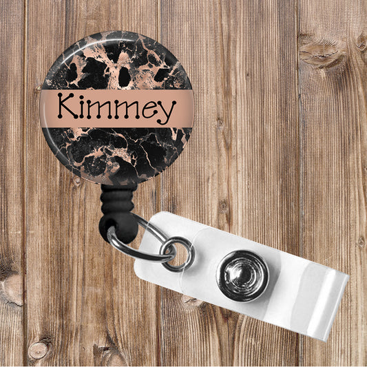 Black Rose Gold Marble Badge Reel