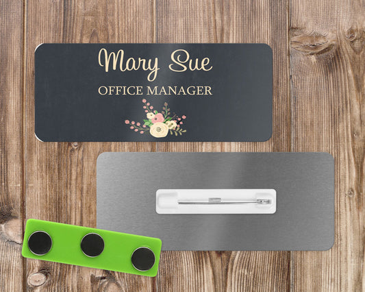 Cream Floral Rose with Charcoal Background Name Tag