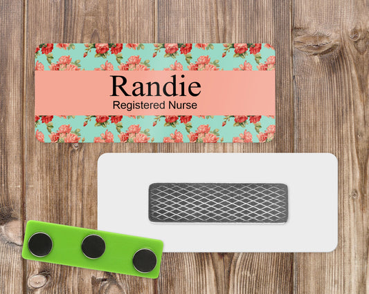 Peach and Teal Roses Name Tag