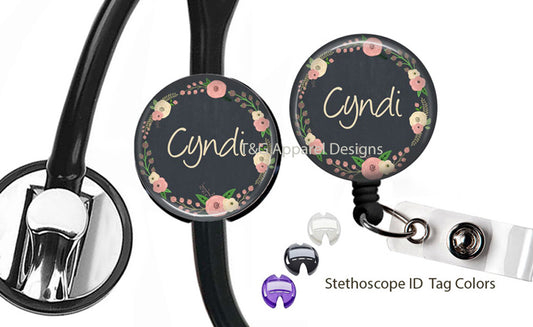 Pink Floral Stethoscope and Badge Reel Set